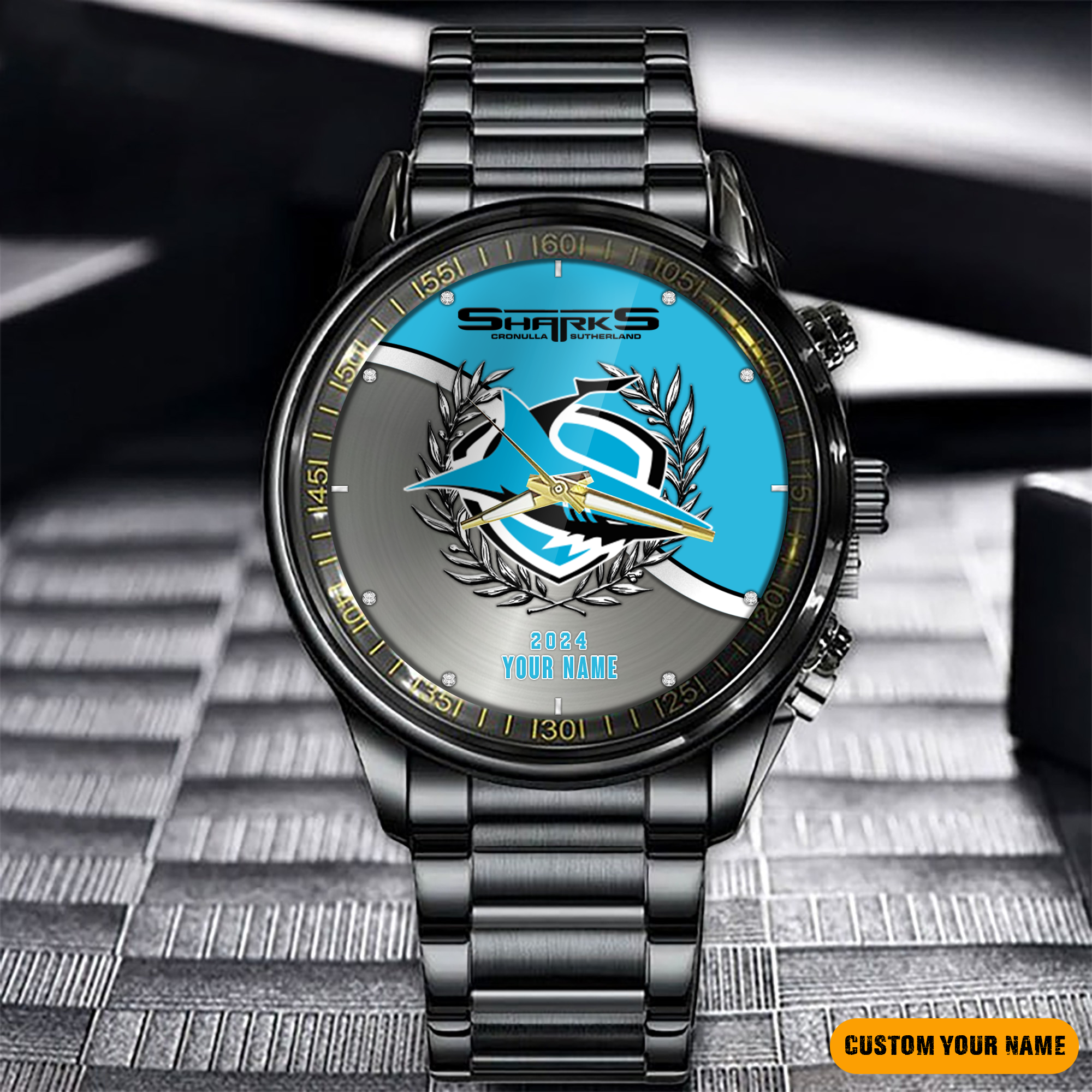 Cronulla Sharks Black Fashion Watch Custom Your Name V1