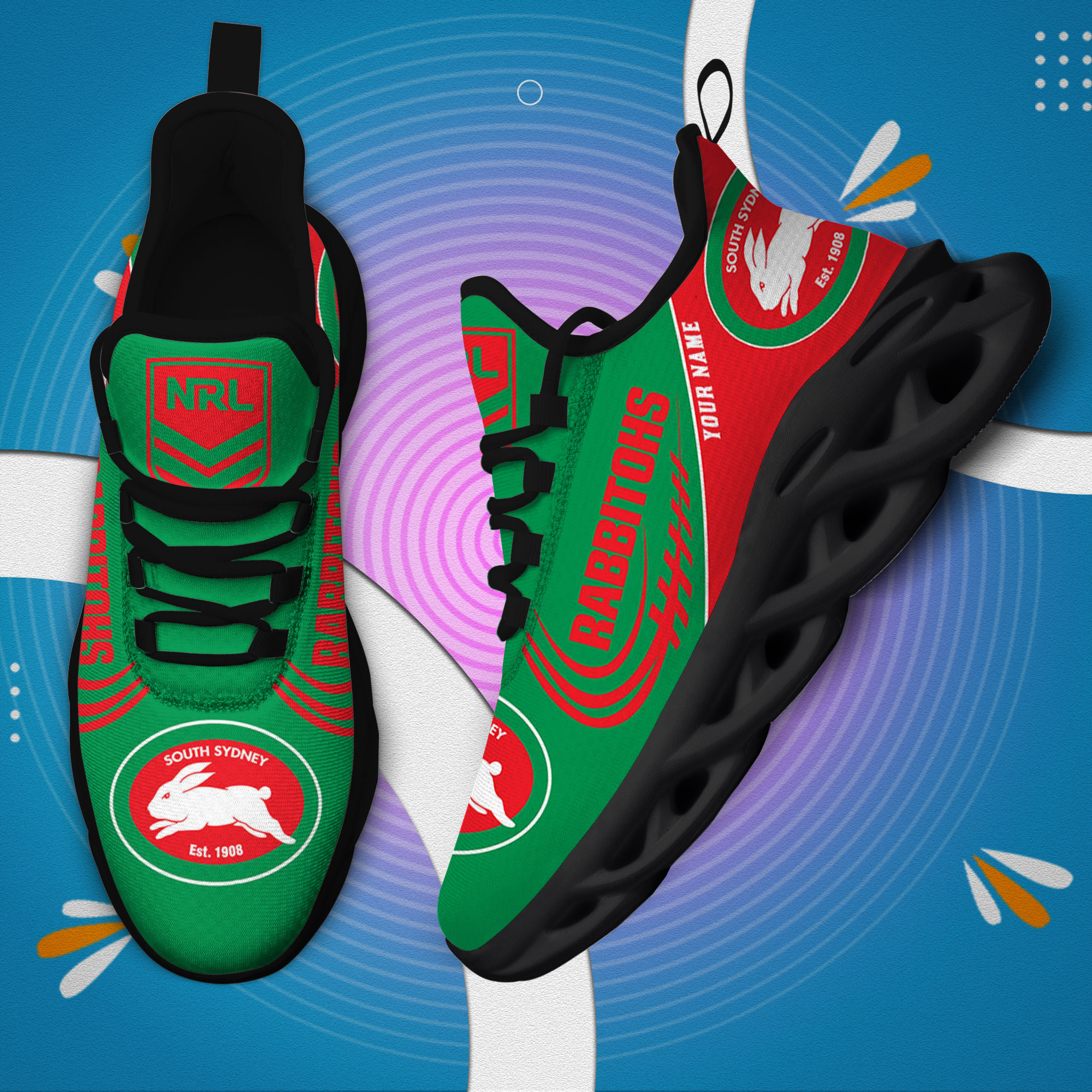 Custom Name South Sydney Rabbitohs PERSONALIZED MAX SOUL SHOES DS006