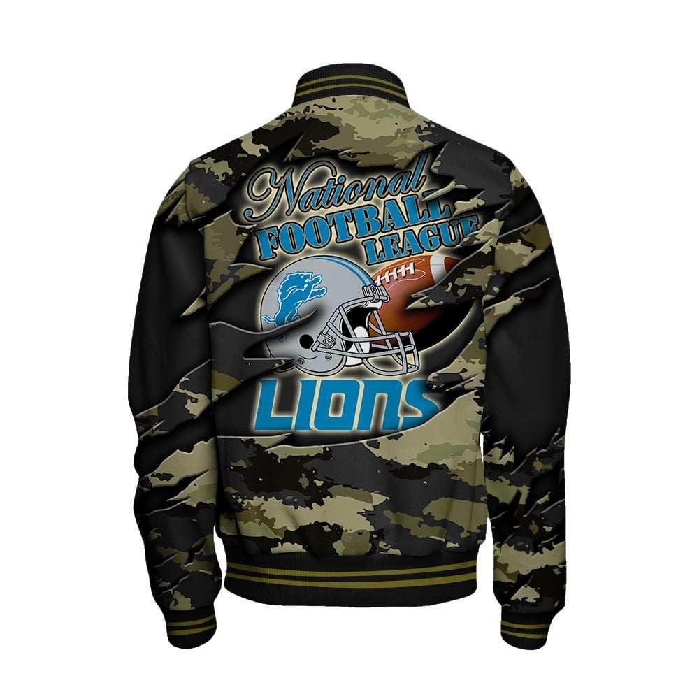 Detroit Lions Black Camo Pattern National Football League Varsity Jacket