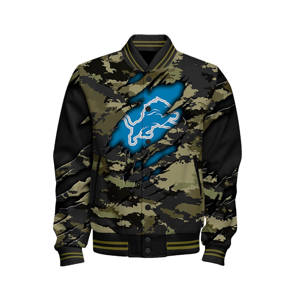 Detroit Lions Black Camo Pattern National Football League Varsity Jacket