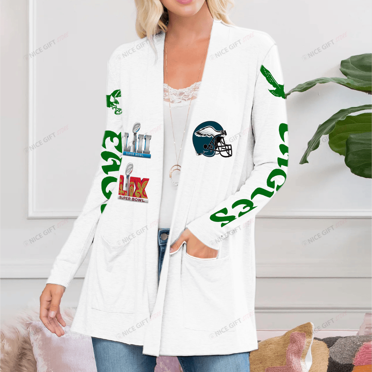 Philadelphia Eagles Super Bowl Champions Women's Patch Pocket Cardigan PPC-Q1W6