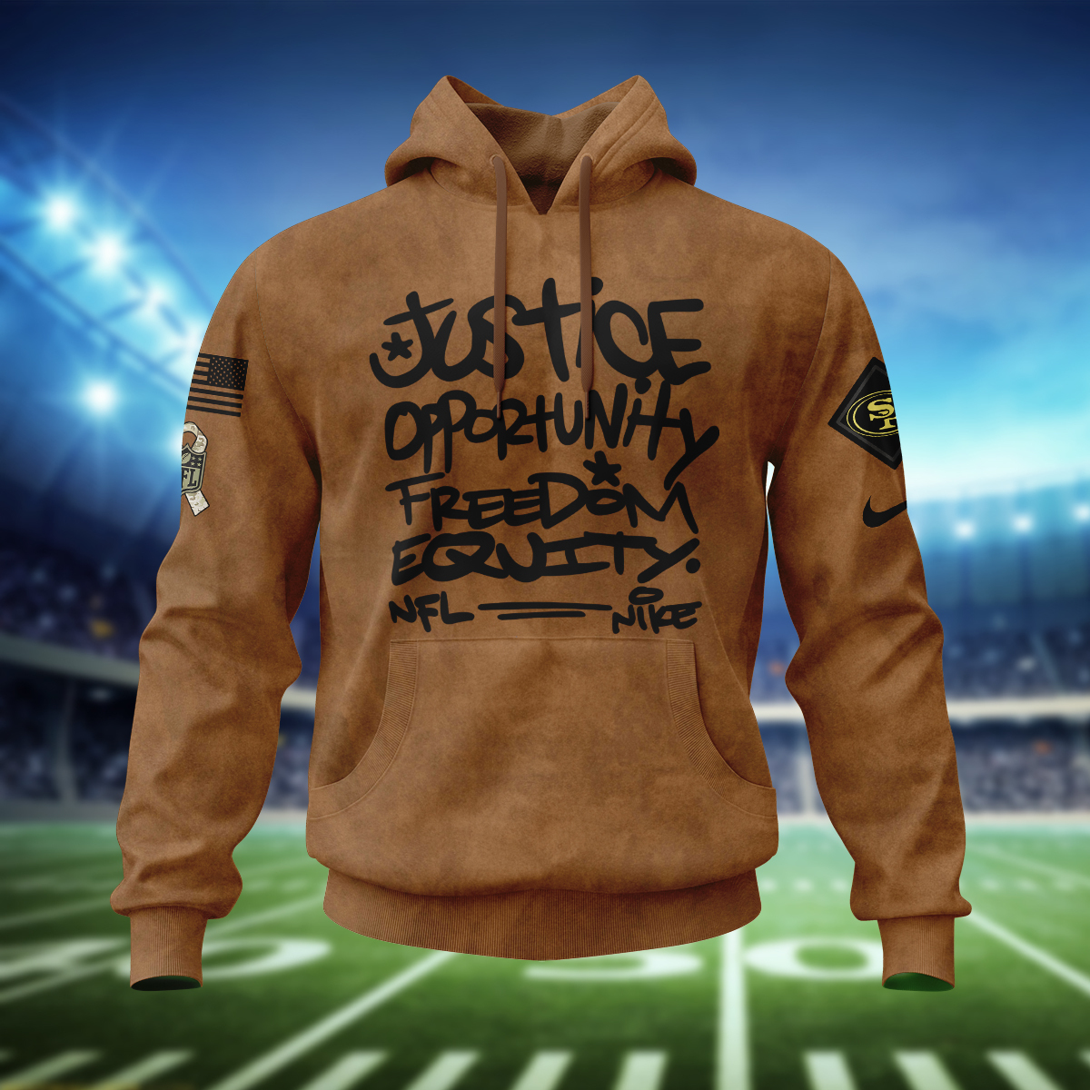 San Francisco 49ers Justice Opportunity Equity Freedom Brown Hoodie SP26122328ID06DS09