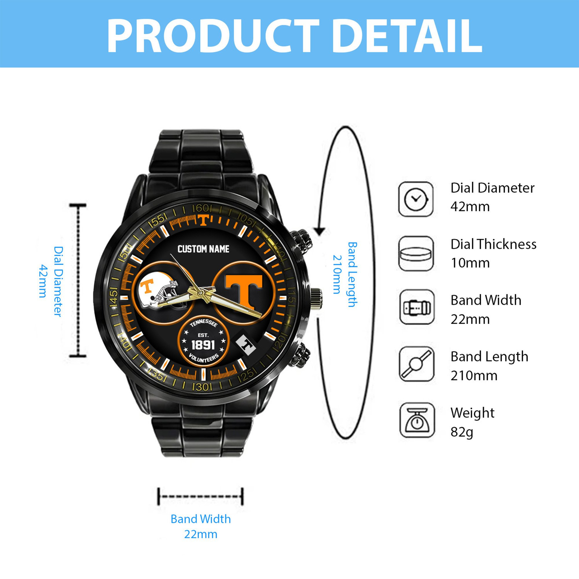 Tennessee Volunteers Black Stainless Steel Watch